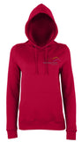 Image shows red chilli colour ladies hoodie with Three Peaks logo on left chest