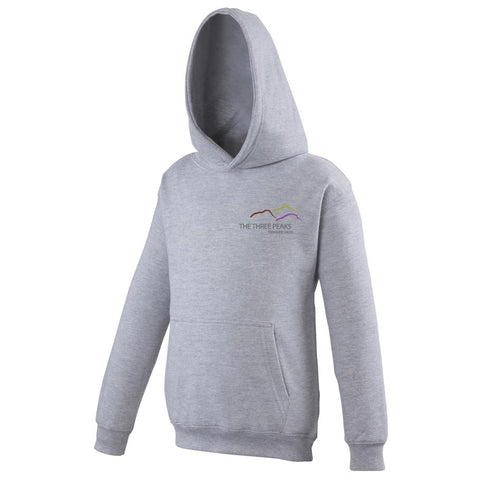 Image shows heather grey Three peaks kids hoodie with Three Peaks logo on left chest