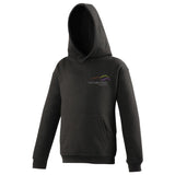 Image shows jet black Three peaks kids hoodie with Three Peaks logo on left chest