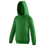 Image shows kelly green Three peaks kids hoodie with Three Peaks logo on left chest