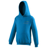 Image shows sapphire blue Three peaks kids hoodie with Three Peaks logo on left chest