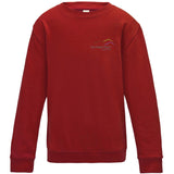 Image shows Three Peaks kids sweatshirt in fire red, with Three Peaks logo on left chest