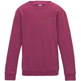Image shows Three Peaks kids sweatshirt in hot pink, with Three Peaks logo on left chest