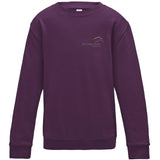Image shows Three Peaks kids sweatshirt in plum, with Three Peaks logo on left chest