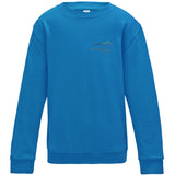 Image shows Three Peaks kids sweatshirt in sapphire blue, with Three Peaks logo on left chest
