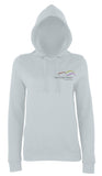 Image shows heather grey colour ladies hoodie with Three Peaks logo on left chest