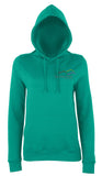 Image shows jade colour ladies hoodie with Three Peaks logo on left chest