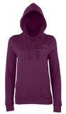 Image shows plum colour ladies hoodie with Three Peaks logo on left chest