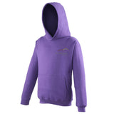 Image shows purple Three peaks kids hoodie with Three Peaks logo on left chest
